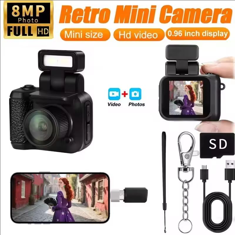 Câmera Mini Keychain Y4000 1080P HD Portátil Retro para Crianças, Gravador de Vídeo Ultra Compacto com Lâmpada Flash