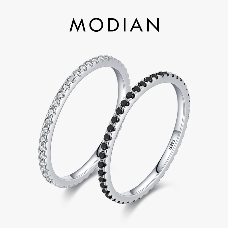 MODIAN เงินแท้สีดํา Zirconia STACKABLE แหวนแฟชั่นคริสตัล 925 แหวนเงินสเตอร์ลิงสําหรับผู้หญิง PARTY เครื่องประดับ Fine