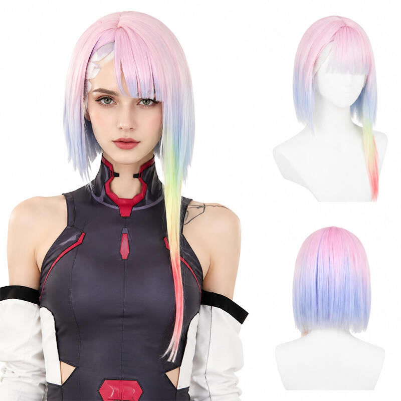 Peluca sintética Rainbow Ombre Bob con flequillo recto, resistente al calor, para cosplay, para mujer, para fiesta de Halloween, para uso diario, para juegos de rol