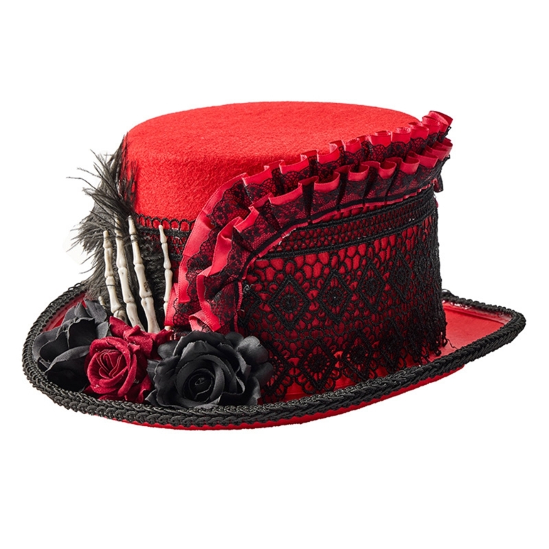 Sombrero copa Steampunk con esqueleto flor oscura, sombrero lana mano, sombreros para eventos Cosplay Y166