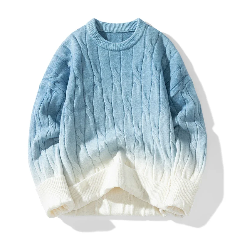 Prendas de punto degradadas coreanas, Jersey de punto trenzado grueso y suelto, nuevo suéter de cuello redondo, Tops cálidos para parejas de otoño e invierno 2024