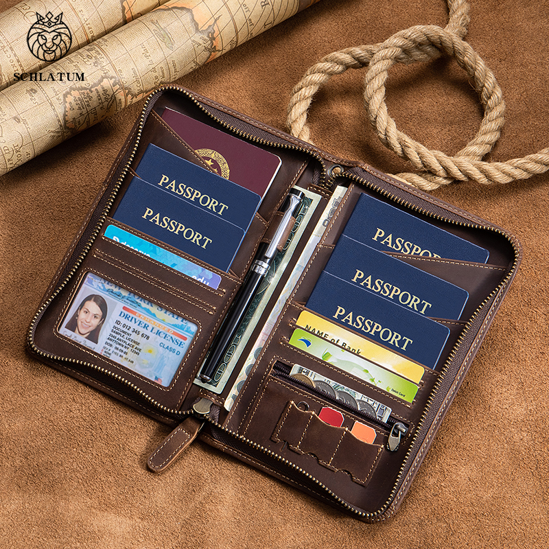 Family Passport Holder Wallet for Men and Women Crazy Horse Leather RFID Blocking Travel Clutch Bag Credit Cards ID Window