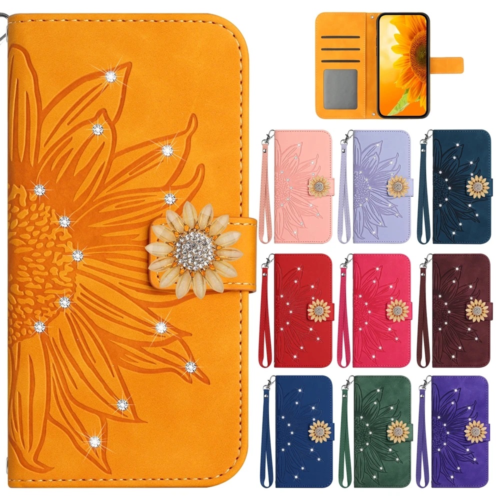 3D Glitter Phone Case for Funda iPhone 15 14 13 12 11 16 Pro Max 13 Mini 15 Plus 7 8 Cases Sunflower Leather Wallet Flip Cover