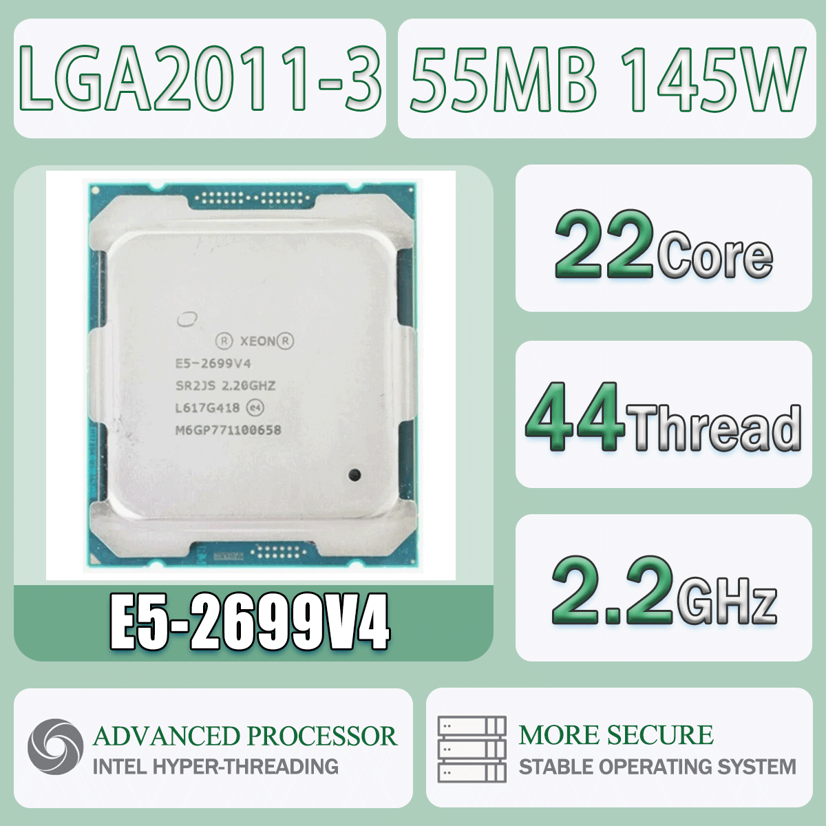 Intel Xeon E5-2699V4 2,2 GHz 22 kernen 44 draden 55 MB 145 W E5 2699V4 Computer CPU-processor E5 2699 V4-pakket LGA 2011-3 SR2JS