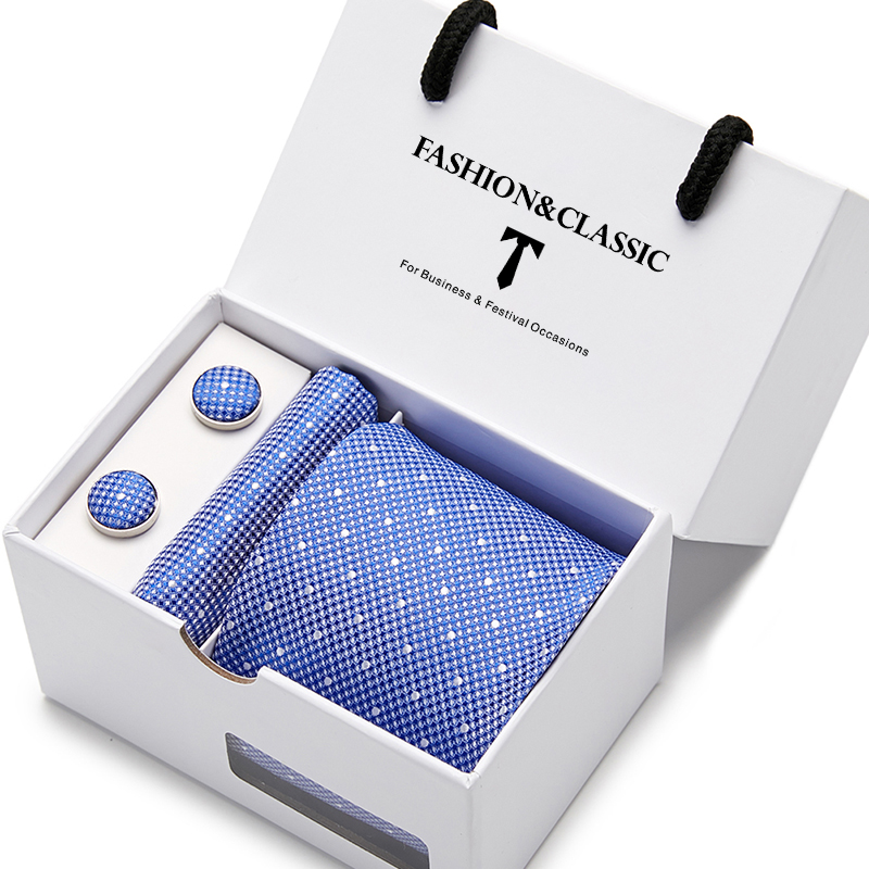 Set di gemelli quadrati tascabili con cravatta a pois blu di alta qualità per confezione regalo da uomo Gravatas da matrimonio adatti per feste formali