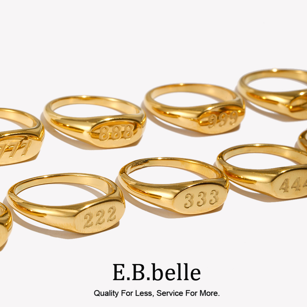 E.B.belle 2026 Cincin Nomor Malaikat Perhiasan Untuk Wanita Cincin Baja Tahan Karat Berlapis Emas 18K Nomor Keberuntungan Untuk Gadis