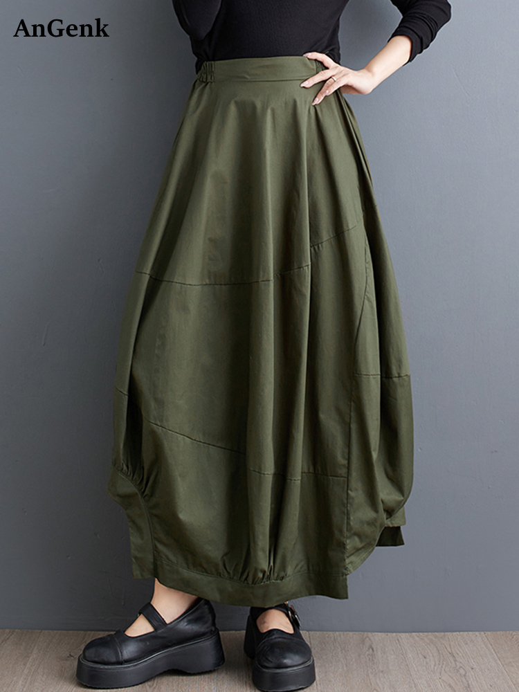 Asymmetrische groene vintage hoge taille rok vrouwen nieuwe Koreaanse losse casual midi rokken mode elegante kleding zomer herfst 2025,