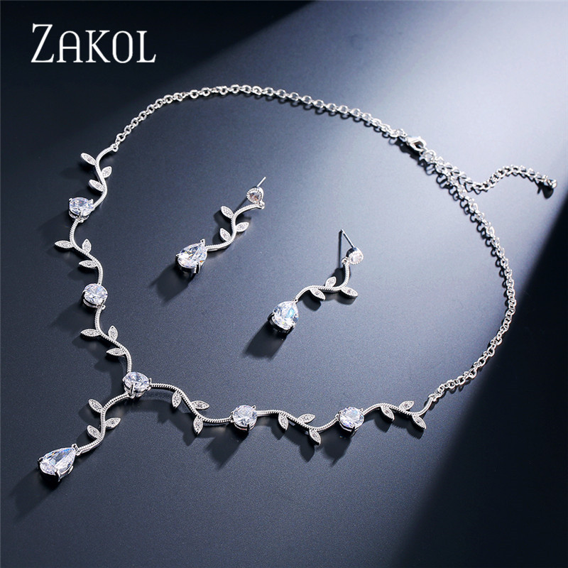 Zakol clássico branco rosa ouro cor zircônia cúbica conjuntos de jóias de noiva forma folha gargantilha brincos vestido de casamento para mulher