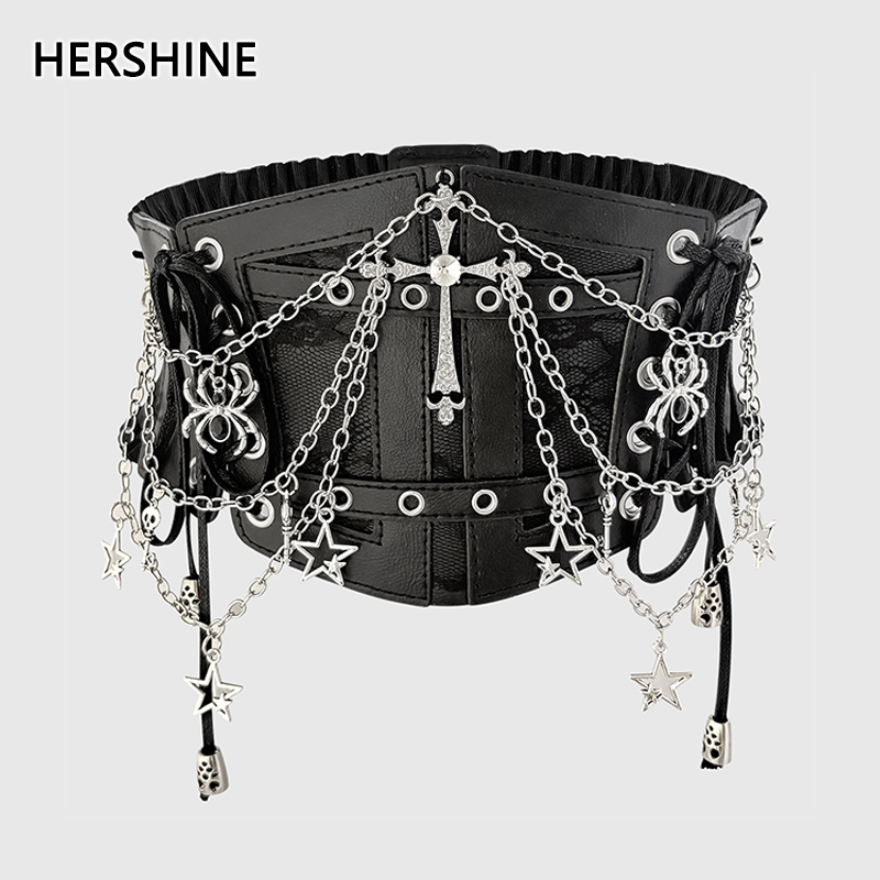 Hershine cinto largo elástico com corrente cruzada, moda feminina, gótico y2k, punk, harajuku, rock, acessórios de hip hop, primavera, verão