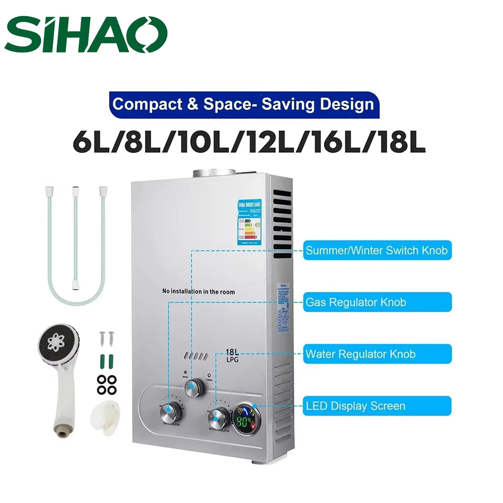SIHAO Podgrzewacz Wody LPG 6L 8L 10L 12L 16L 18L Gaz Płynny Propan Butan Podgrzewacz Wody Zestaw Kocioł Stal Nierdzewna