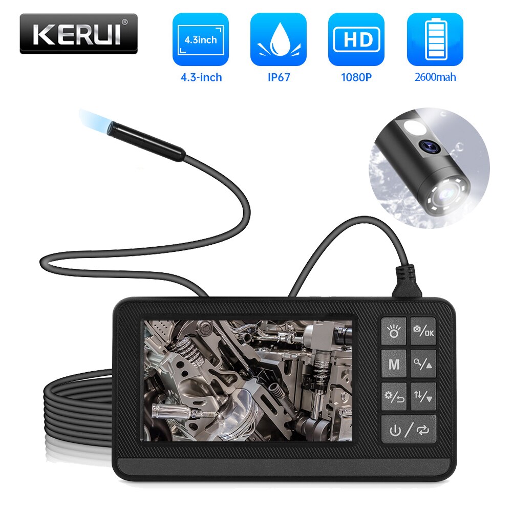 Keruiデュアルレンズ産業内視鏡検査カメラスクリーン付きip67防水ヘビ1080pハンドヘルドデジタルビデオボーアスコープ