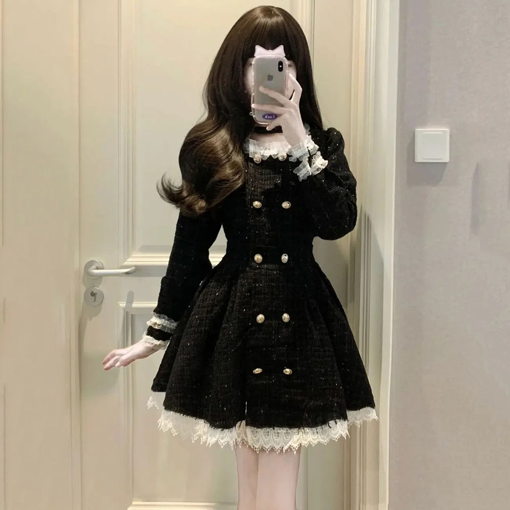 2023 Herfst Vintage Tweed Jurk Party Vrouwen Casual Elegante Gothic Mini Jurken Lolita Kawaii Kleding Een Stuk Jurk Koreaanse Y2k