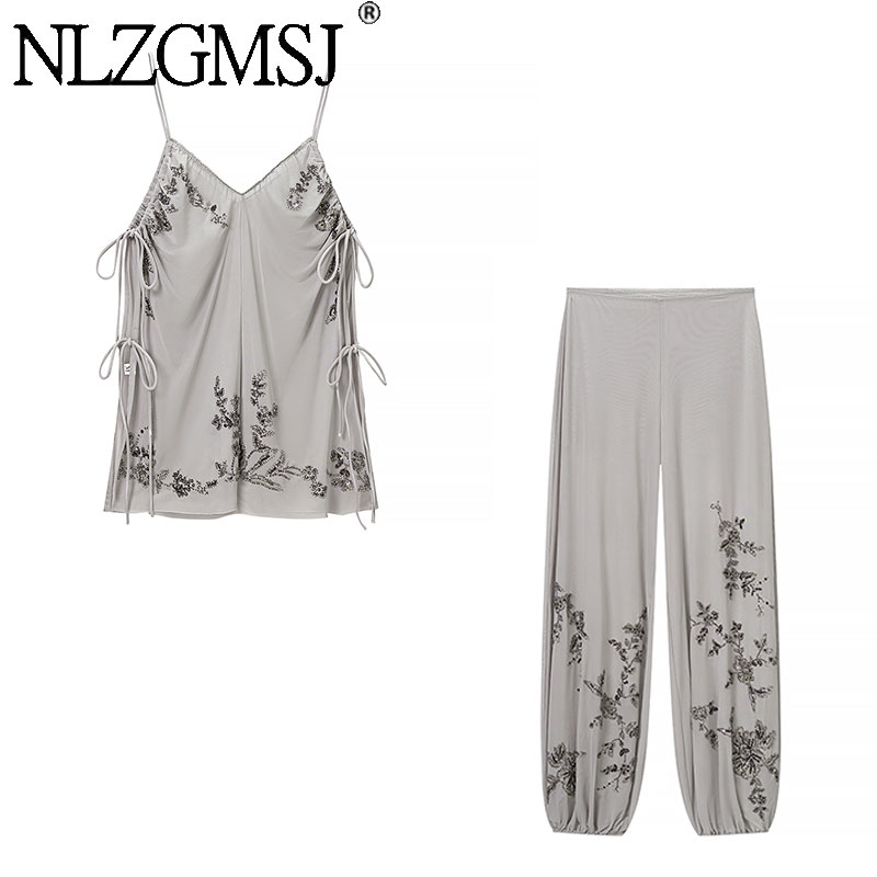 Nlzgmsj 2026 Damen Pailletten-Stickerei Zweiteiler Set mit Spaghettiträgern, tiefem V-Ausschnitt, seitlich gebundener Cami-Top und lockeren Laternenhosen für den Urlaub