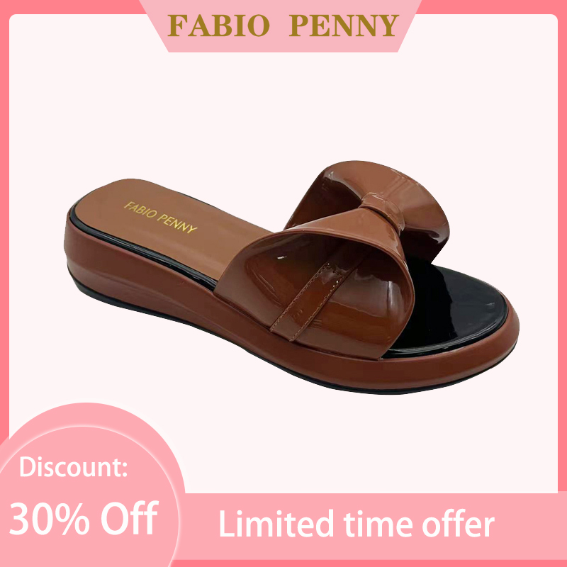 FABIO PENNY2025 Sandal Wanita Mewah Mengkilap Fashion Sederhana Baru Sandal Busur Fashion Sol Tebal Pu Populer Nyaman
