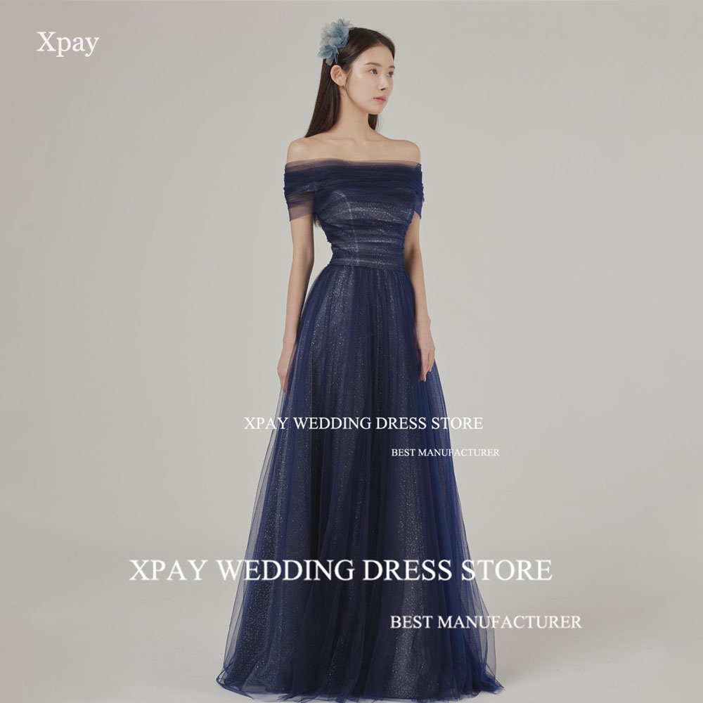 XPAY Navy Blue Glitter ชุดราตรีที่กําหนดเองปิดไหล่งานแต่งงานถ่ายภาพ Lace Up กลับสาย Backless ชุดราตรี