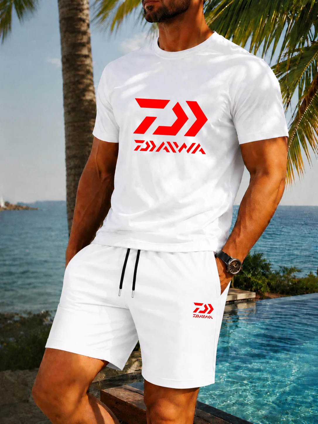 Nouvel ensemble respirant 2026 : T-shirt à col rond et manches courtes pour homme avec motif flèche géométrique simple et short cinq points, idéal pour le sport.