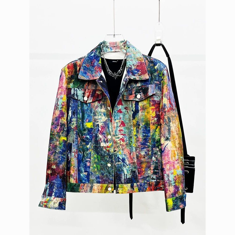 Jassen Y2K Lente Herfst Denim jack Persoonlijkheid Schilderen Casual Losvallend Denim jack voor heren Graffiti Kleur Mode Veelzijdig