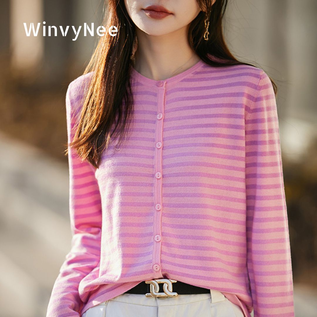 WinvyNee Cardigan da donna in lana pregiata lavorata a maglia, girocollo a righe, manica lunga, design alla moda, capospalla casual ZB1497001