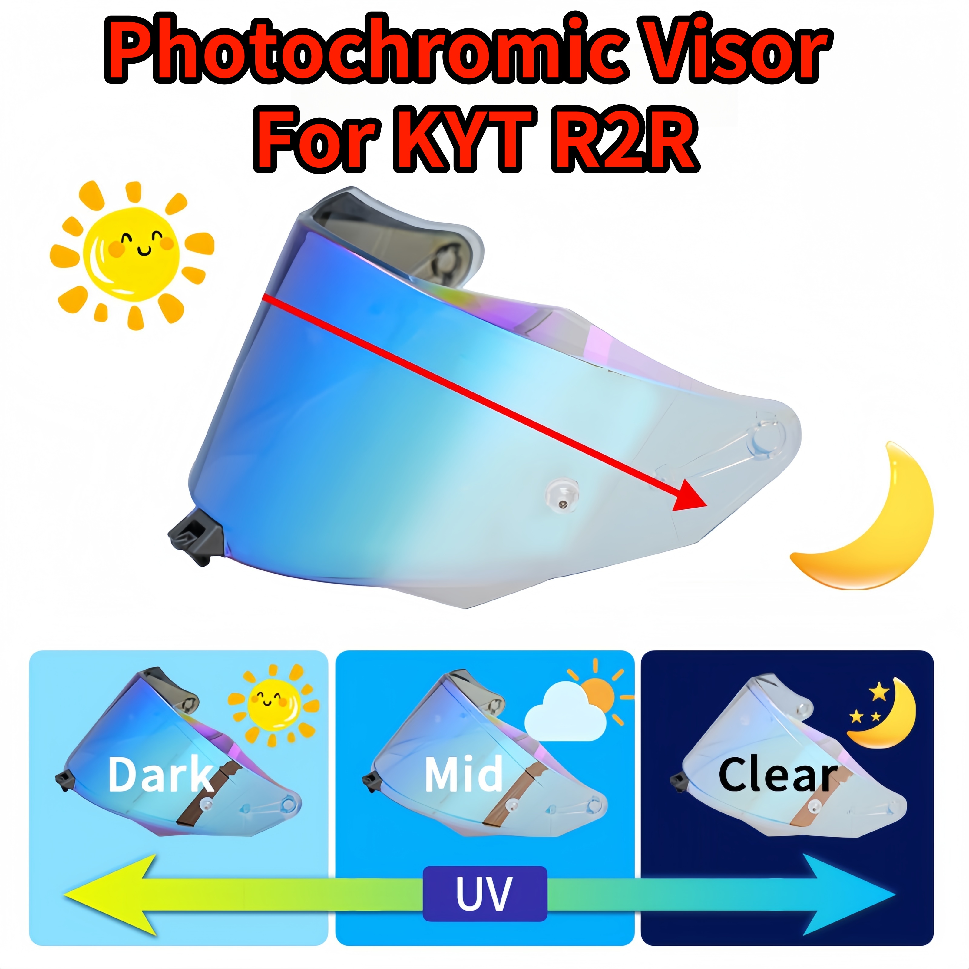 Visera fotocromática R2R Casco Escudo Corte Uv Casco Moto Escudo facial Visera Parabrisas para KYT