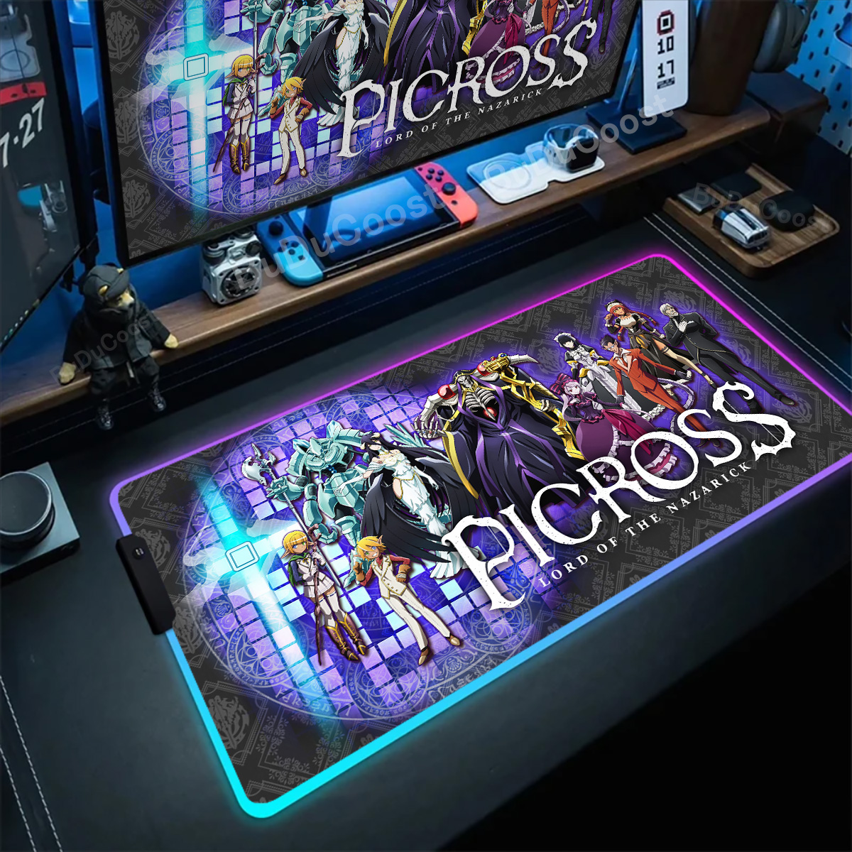 Bantalan meja karet Gaming RGB komputer XXL, Overlord Anime lampu LED besar alas mouse warna-warni bercahaya Manga Deskmat dengan lampu latar