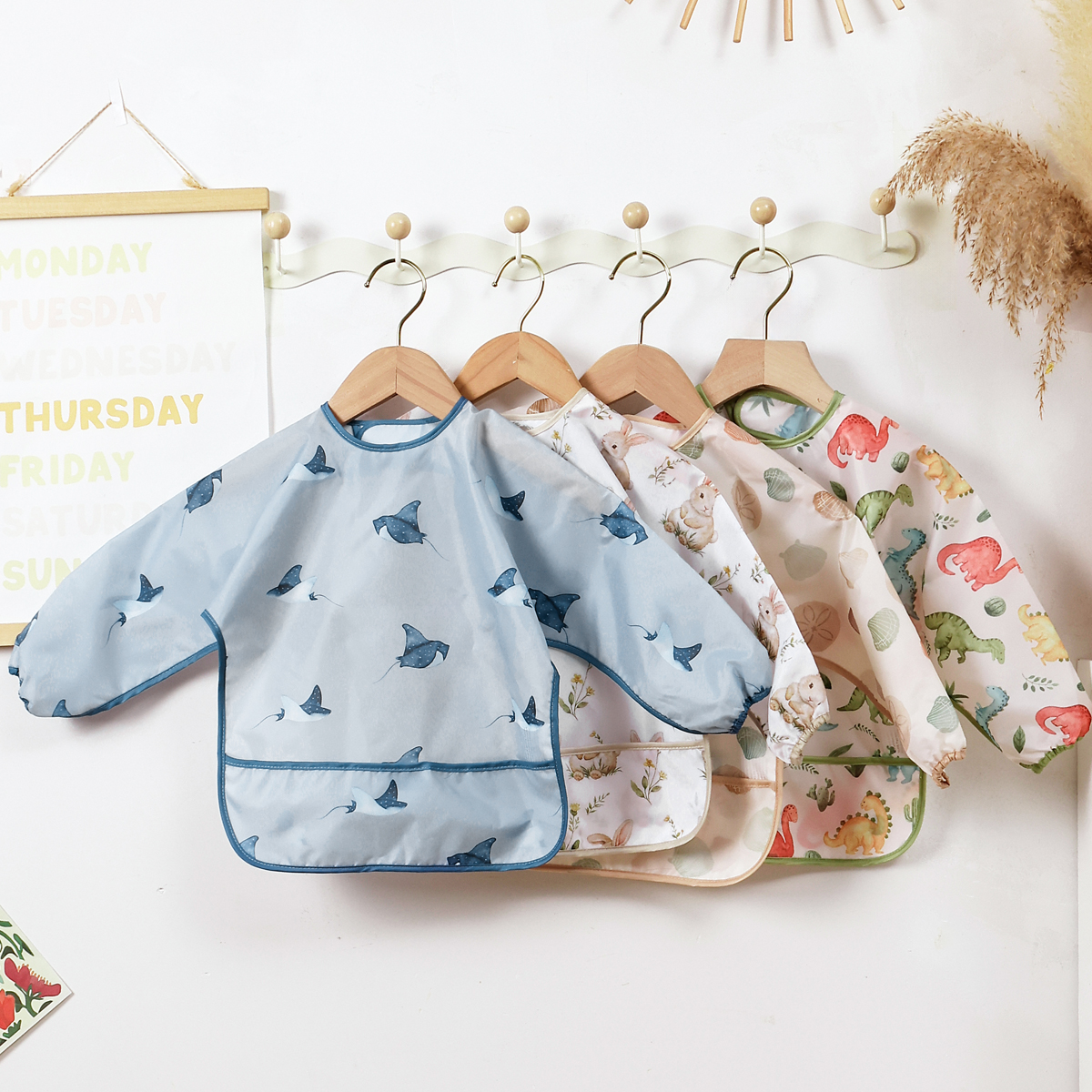 Elinfant babadores de manga comprida, babadores de alimentação à prova d'água, pano de arroto lavável, macacões, fáceis de limpar, babadores para comer sem lavagem, 1 peça
