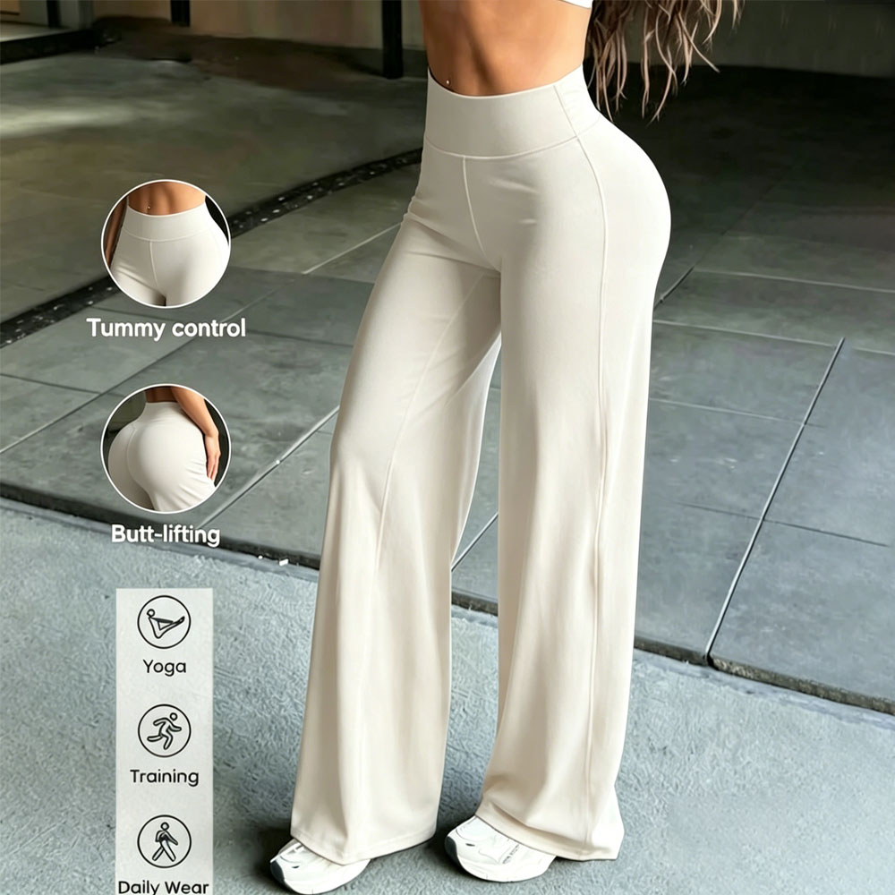 กางเกงขาตรงทรงสปอร์ตเนื้อนุ่มเนียน ยืดหยุ่นได้ เอวสูง ทรงหลวม ขากว้าง เหมาะสำหรับออกกำลังกาย ฟิตเนส กีฬากลางแจ้ง