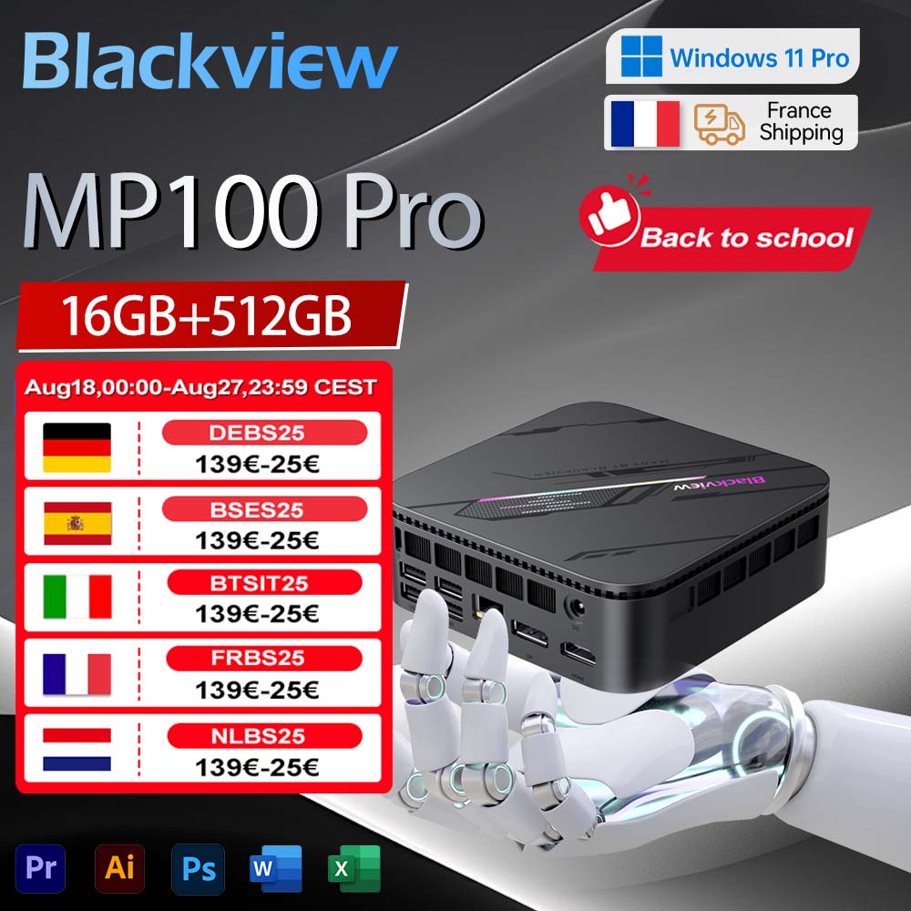 Blackview MP100 Pro Mini PC Intel 7 i3-1215U 16 GB DDR4 512 GB SSD WiFi 5 Windows 11 Pro 6 kernen 8 threads Mini computer BT5.2