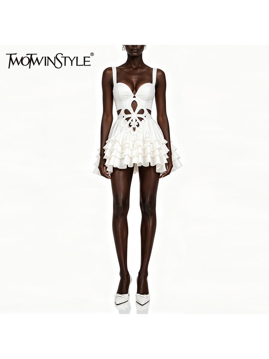 Vestido Mini Slimming com Recortes e Renda TWOTWINSTYLE para Mulheres, Decote Quadrado, Sem Mangas, Vestidos com Zíper em Patchwork