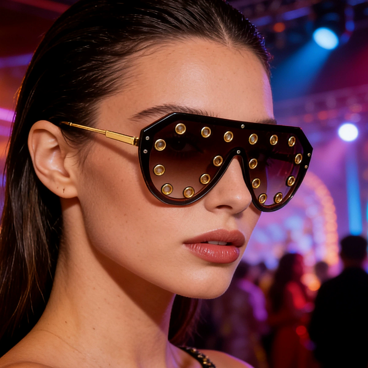 Lunettes de soleil tendance Y2K surdimensionnées pour femme, monture large en métal avec rivets, style cool pour soirée, protection UV400, plage, club, streetwear