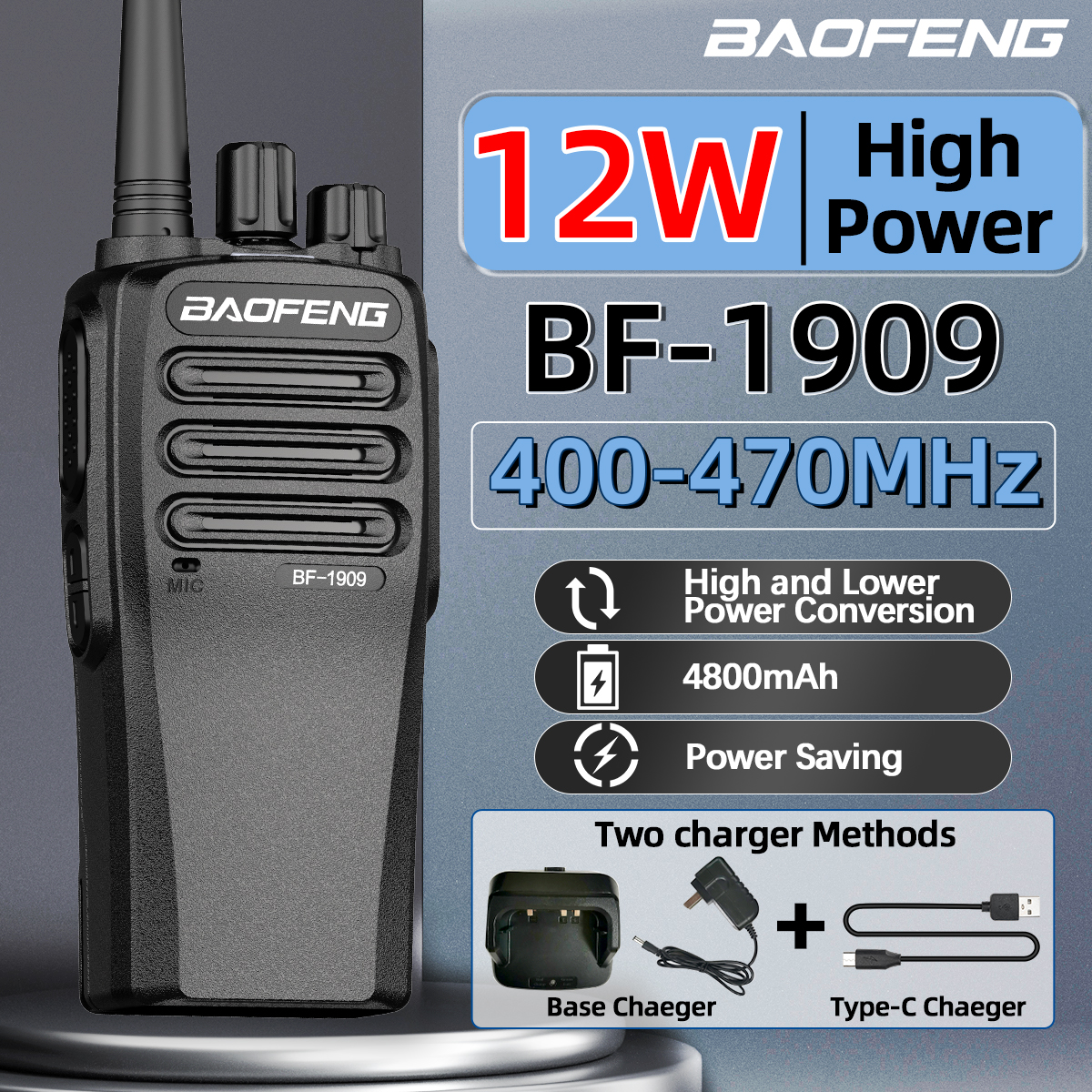 BaoFeng BF 1909 12W High Power Walkie Talkie Lange Bereik Tweeweg Radio Type C Opladen Zender Upgrade BF 888S UV 5R UV 82