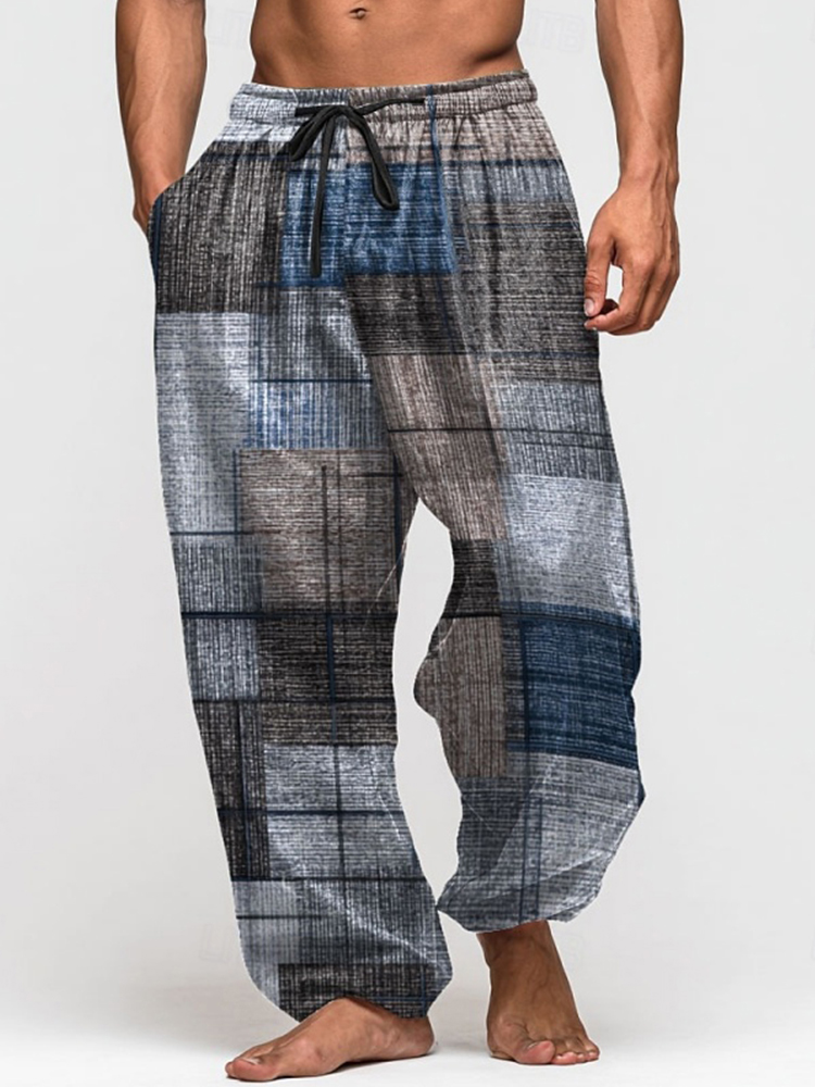 2025 Pantalones de pierna ancha holgados con cordón de verano para hombre, pantalones casuales con estampado de almazuela retro 3D, pantalones largos de uso diario