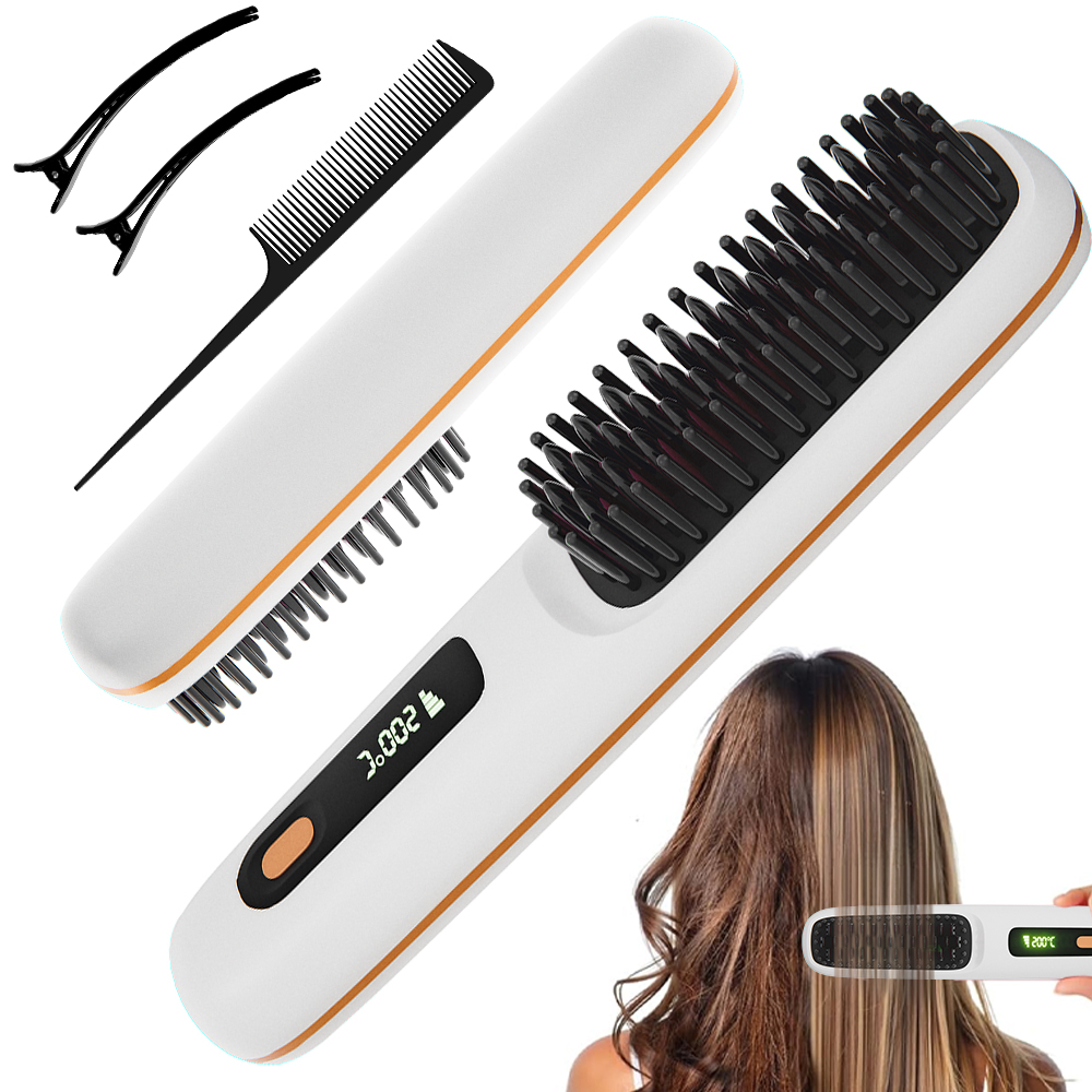 Escova alisadora de cabelo com 3 configurações de temperatura, aquecimento rápido e desligamento automático, pente alisador iônico recarregável portátil para mulheres