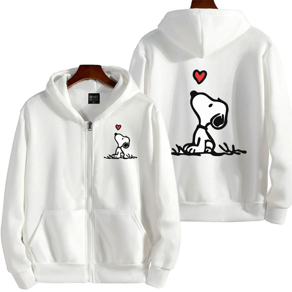 Snoopy-Chaqueta blanca con capucha y cremallera para mujer, sudadera a la moda para hombre, ropa de gran tamaño con dibujos de Anime para parejas, primavera y otoño 2024