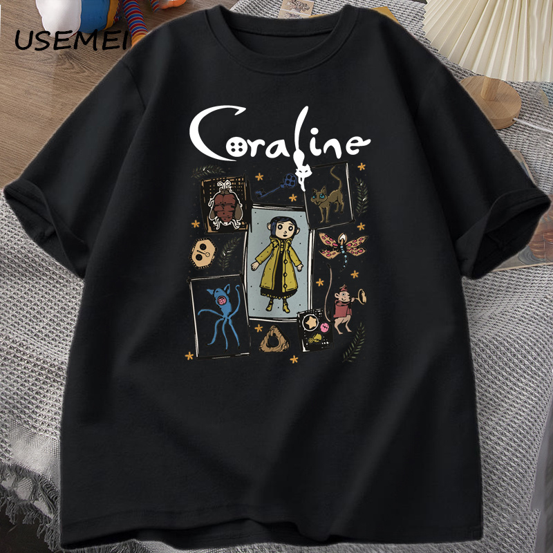 コララインハロウィン Tシャツ女性男性不気味なヴィンテージ Tシャツ原宿秋半袖 Tシャツ綿婦人服