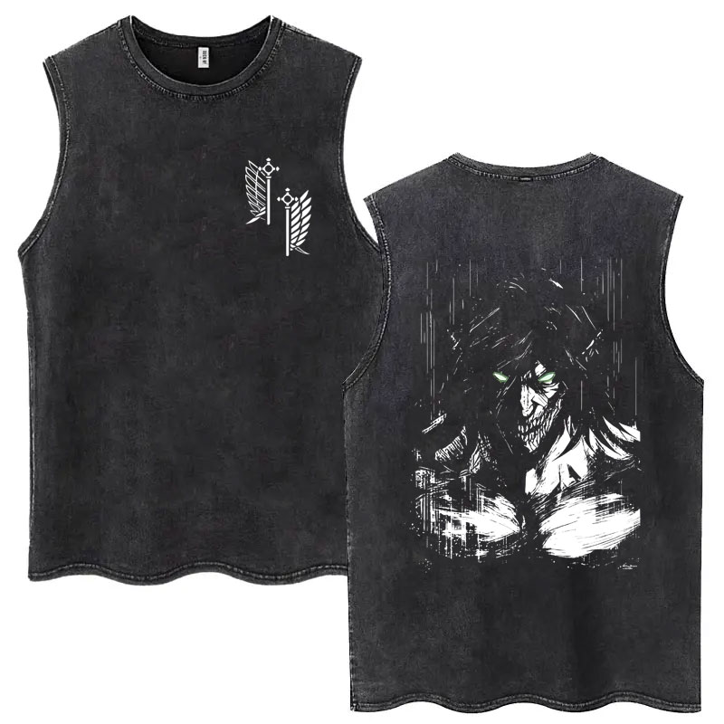 เสื้อกล้ามลายกราฟิกวินเทจลาย Attack on Titan เอเรน เยเกอร์ สำหรับผู้ชาย เสื้อยืดแขนกุดโอเวอร์ไซส์ลายการ์ตูนมังงะ เสื้อยืดแฟชั่นผู้ชาย