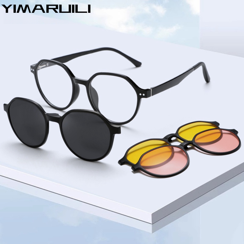 YIMARUILI Fashion Polarized Magnetic Clip-On Glasses for Men and Women TR90 Polygonal Small Size Optical Prescription Eyeglasses