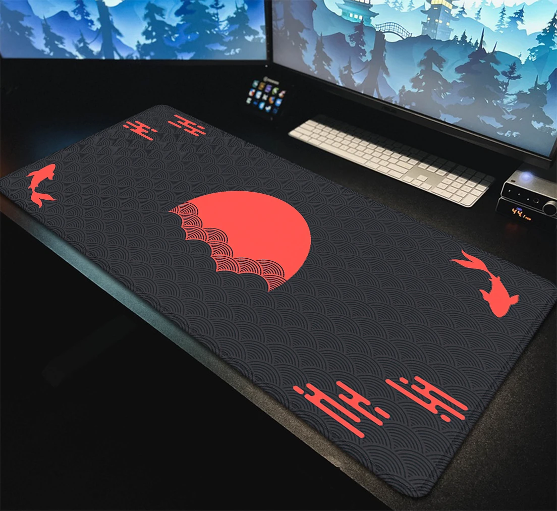 Tapis de bureau japonais noir et rouge, poisson Koi, soleil, nuage, sceau artistique japonais, grand tapis de bureau de jeu XXL, en caoutchouc, 90x40
