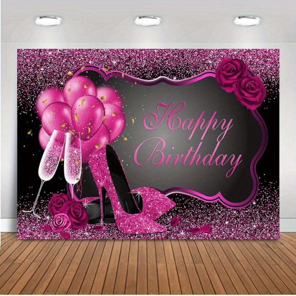 Sfondo di compleanno femminile rosa caldo tacchi rosa palloncini Champagne decorazioni per feste di compleanno rosa