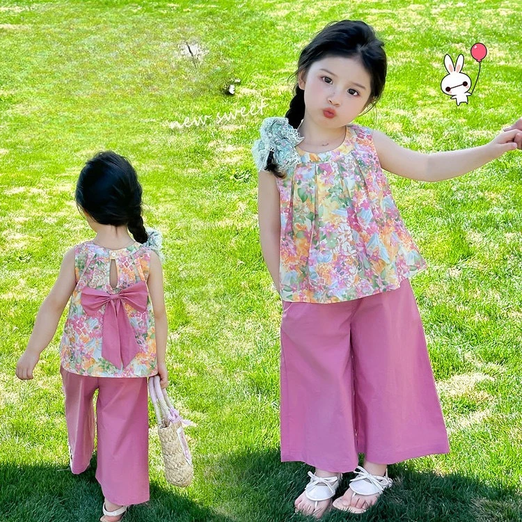 Conjunto de calças florais de pernas largas para meninas – Roupa de duas peças sem mangas de verão para bebês e meninas