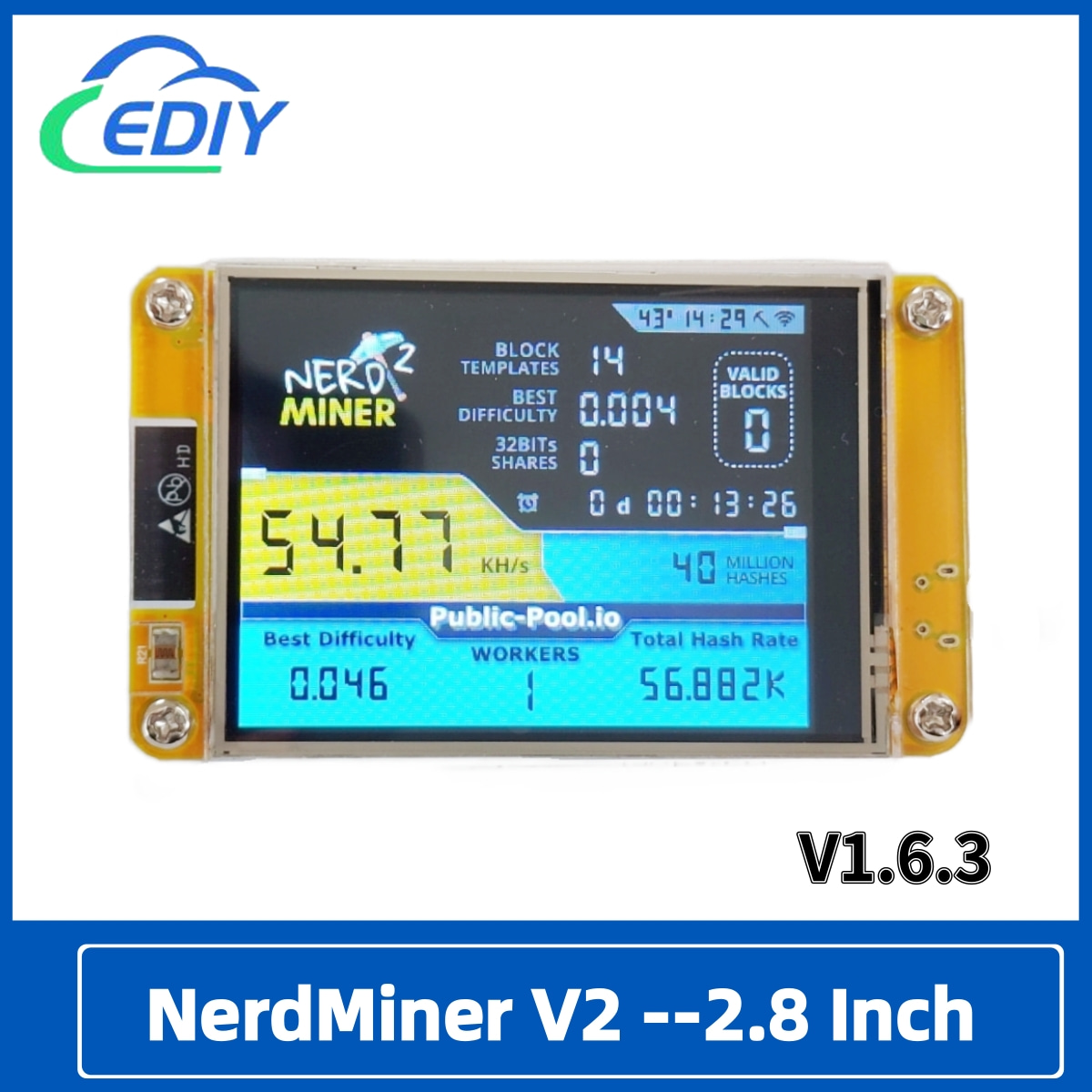 NerdMiner V2 Hashrate, inteligentny wyświetlacz, Crypto Solo, loteria, Nerd Miner, Bitcoin Miner ESP32-2432S028R, 49 k/S, 2,8 cala