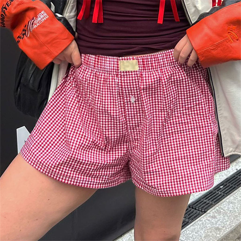 女性のための美的チェッカーパジャマショーツ,伸縮性のあるウエストボタン,ラウンジパンツ,睡眠,カジュアル,かわいい,y2k