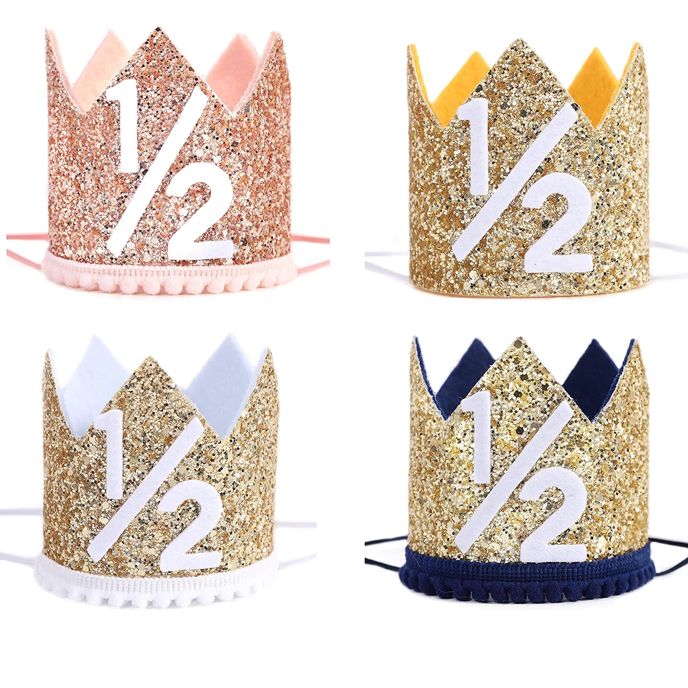 1 buah topi bunga ulang tahun mengkilap, topi anak perempuan laki-laki 6 bulan setengah tahun mahkota selamat ulang tahun dekorasi pesta Baby Shower