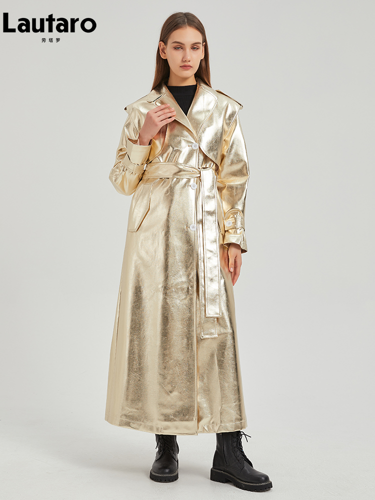 Lautaro outono extra longo ouro brilhante patente couro do plutônio trench coat para mulheres único breasted designer de luxo casaco 2024