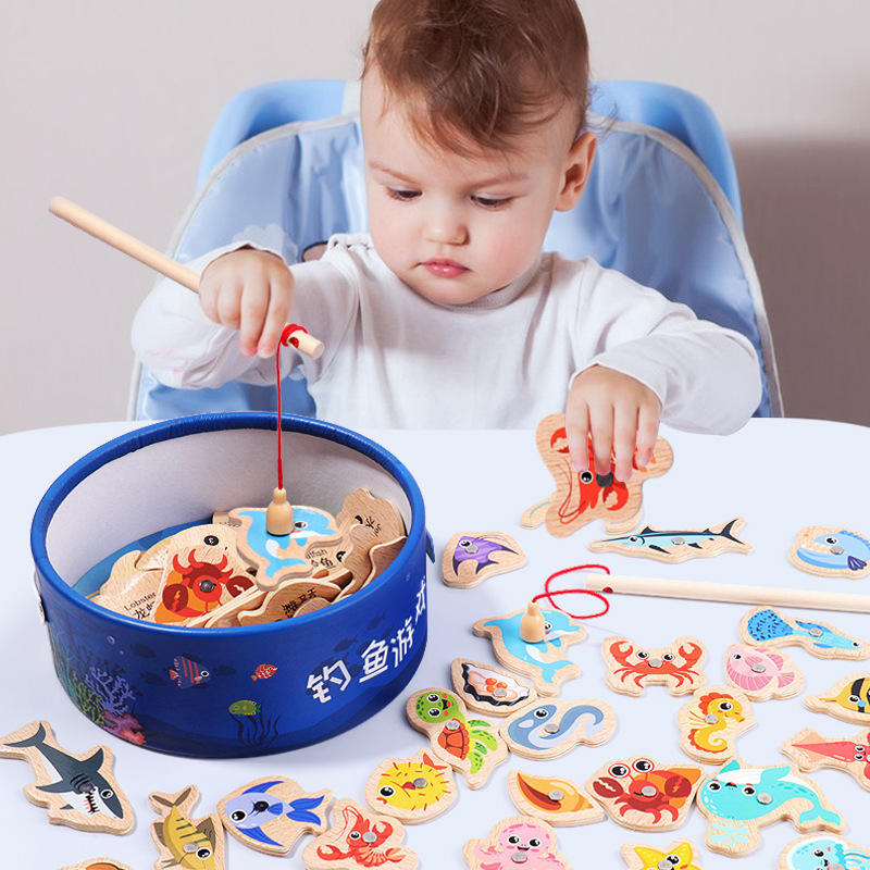 Giocattoli da pesca magnetici in legno per bambini Vita marina Cognizione Giochi di pesci Giocattolo interattivo genitore-figlio educativo precoce per bambini