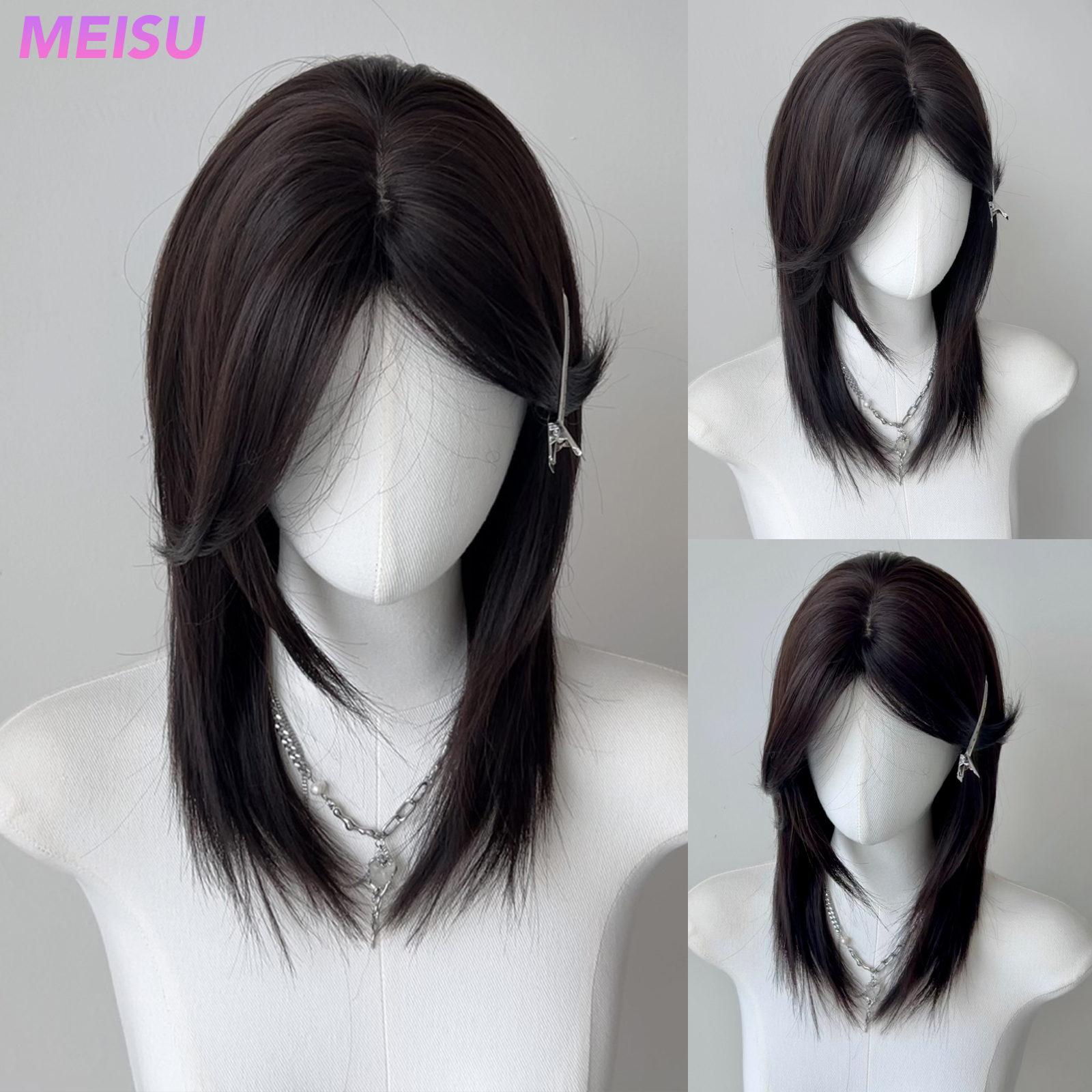 MEISU 20 Inch Synthetic Silver White Bangs Wig length Straight Unisex Wig Fiber Heat resistant Natural Party or Selfie