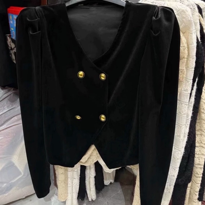 Luxus Damen bekleidung Frühling Herbst Jacke Puff ärmel V-Ausschnitt Samt mantel Zweireiher Büro Damen Strickjacke Tops Oberbekleidung