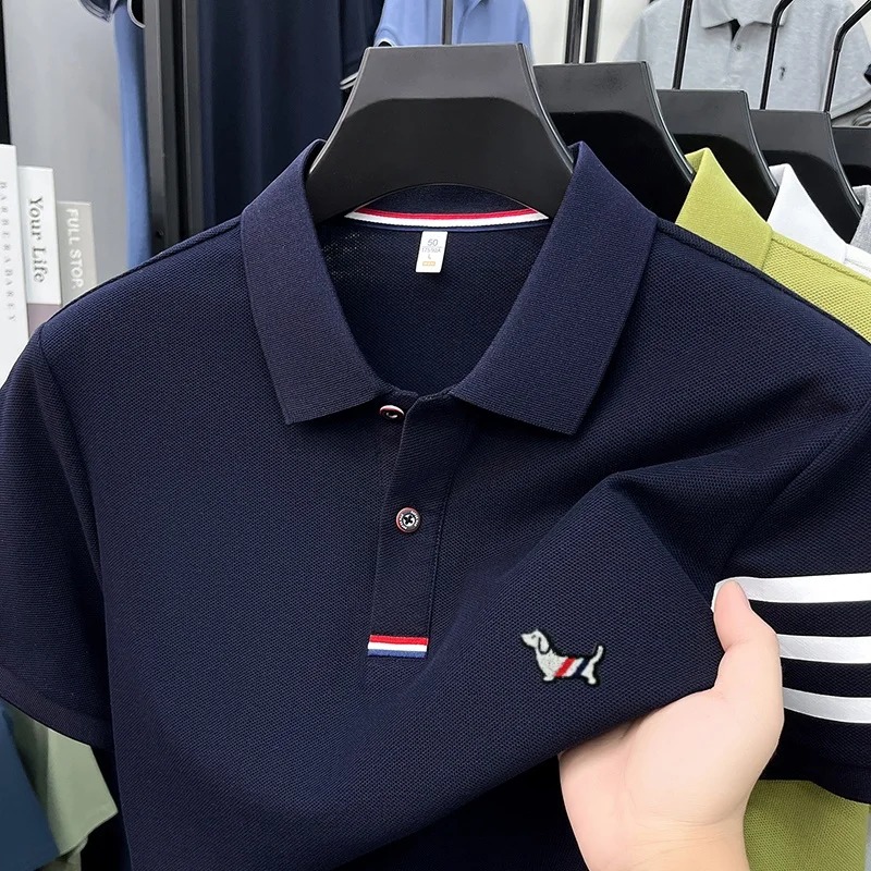Haut de gamme 100% coton manches courtes hommes polo shirt marque de luxe mignon chien Design coréen Casual jeune été Golf Fashion Stripe t - shirt