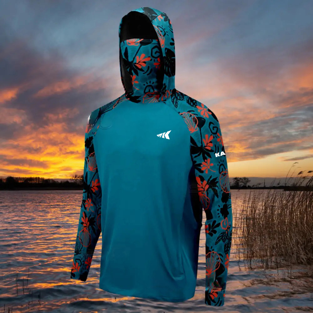 Men's Outdoor Active Hooded Fishing Sunwear.UPF50+ Quick Dry Breathable Moisture Wicking Camouflage Print Jersey Orange Black