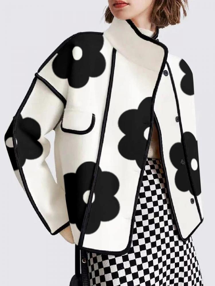 Yeezzi 女性春秋ジャケットファッション黒フラワープリントハイネック長袖ボタン付きカジュアルアウターコート 2024 新しい