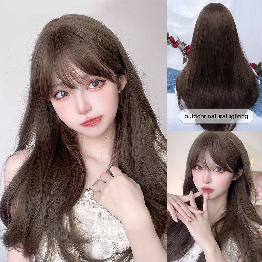 24Inch Lolita Cool Brown Synthetic Wigs with Bangs Long Natural Straight Hair Wig for Women Daily Use Drag Queen Heat Resistant